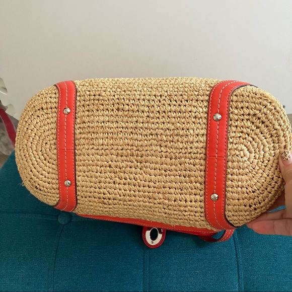 COACH 22904 Woven Straw Pocket Tote with orange/red leather accents - Picture 7 of 16
